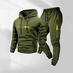 Men's 2-Piece Brazilian Letter Pattern Printed Sports Suit - Hoodie & Drawstring Sweatpants Set, Casual Athletic Long Sleeve Hooded Jacket & Trousers, Streetwear Tracksuit Set for Fall & Winter Daily Wear