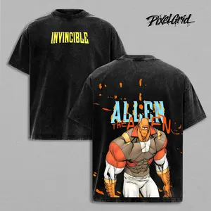 Invincible Allen the Alien Graphic Tees, Superhero Comic Series Merch, Vintage Washed Oversized Heavy Cotton T-Shirt, Breathable Seamless Fabric, Y2K Streetwear Fit, Unisex Graphic, Casual Fan Apparel