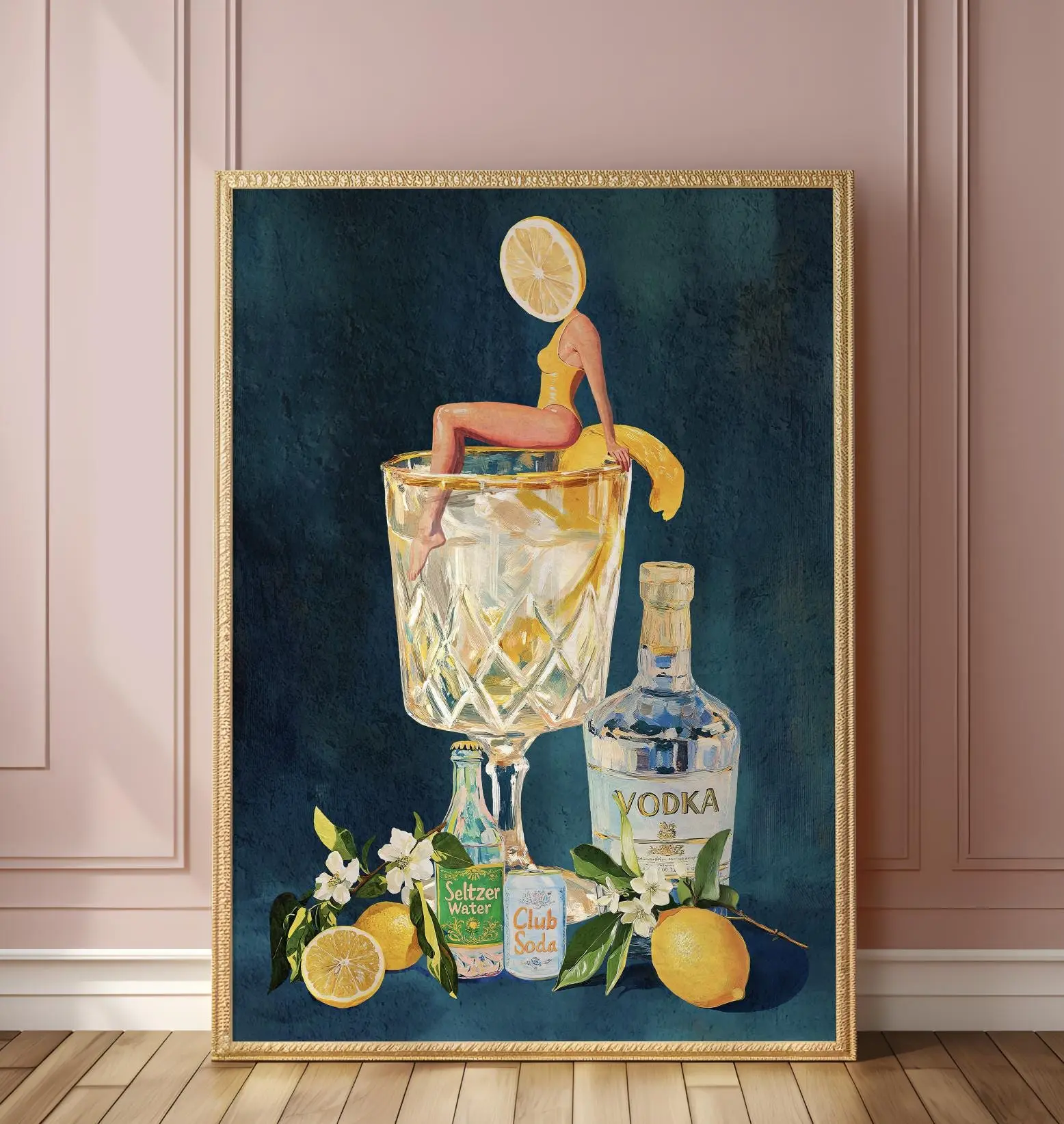 Lemon Vodka Seltzer Art Print: Refreshing Cocktail Wall Poster for Bar Cart & Kitchen Decor
