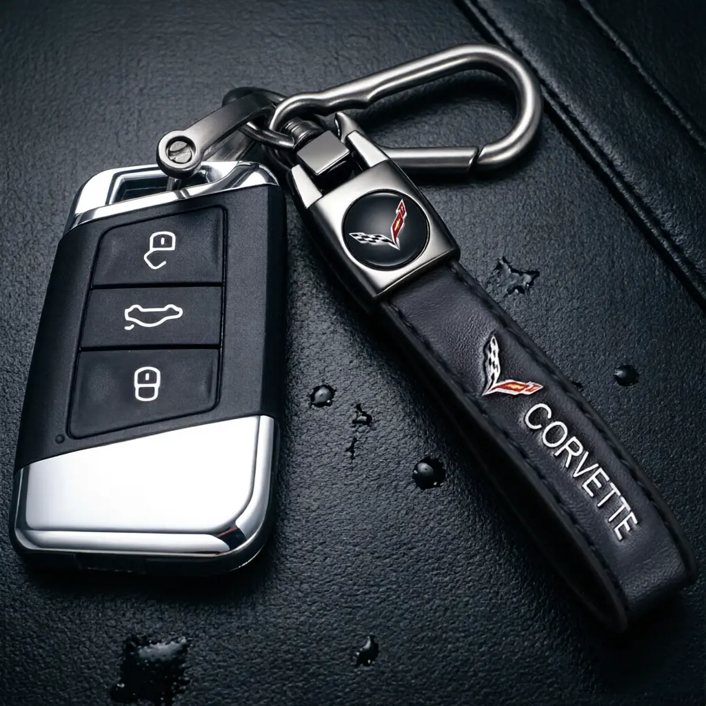 Genuine Leather Metal Keychain set for Corvette – Anti-Scratch Durable Car Key Ring & Fob Cover, Anti-Loss Key Shell Protector, Stylish CAR Accessory & Gift for Men, Ideal for Birthdays, Family, Pride, and Holiday Gifts