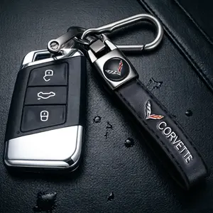 Genuine Leather metal Keychain with Wristlet Strap for CORVETTE Car Key Accessory Premium Gift Charm Stylish Vehicle Accessories
