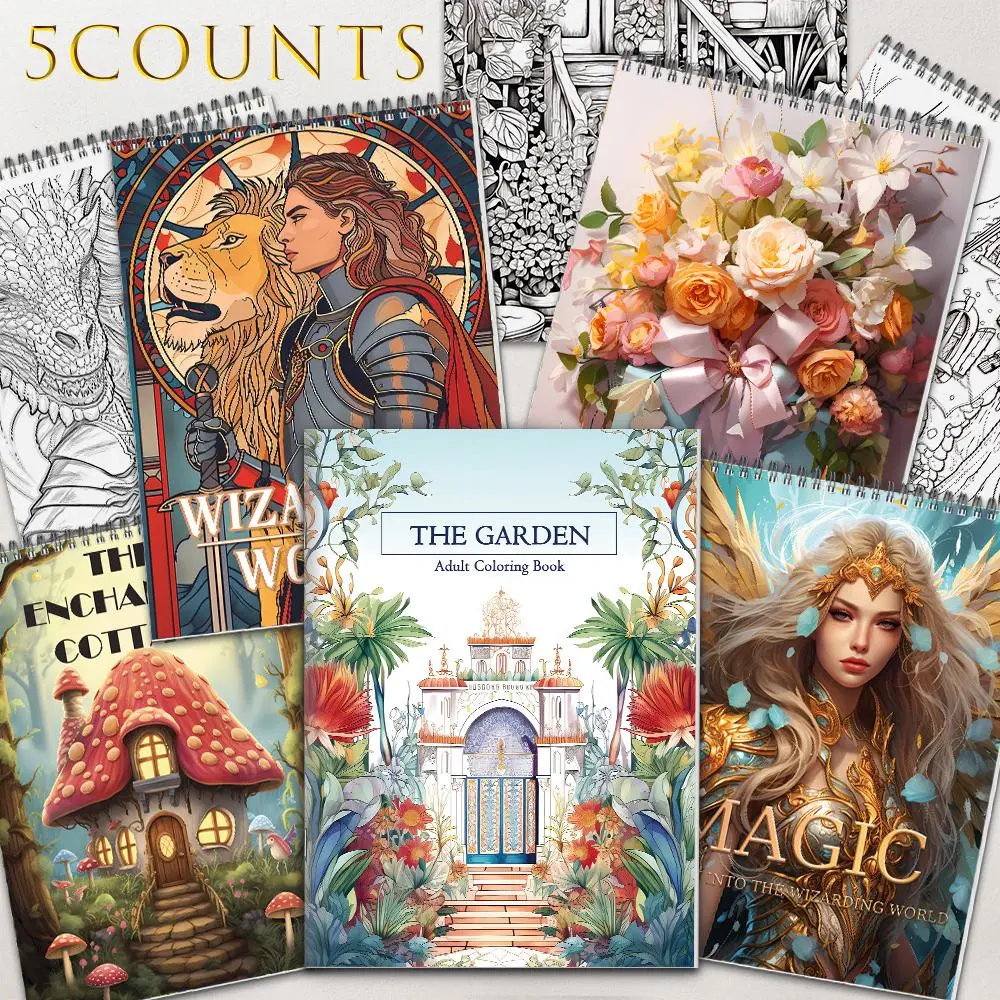 Fantasy Themed Coloring Book, 5 Counts/set Garden & Fairy Pattern Watercolor Floral Design Coloring Book, Art Supplies for Home School Outdoor Party Holiday, Diy Art, Arts Crafts Supplies