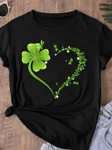 Women's Four Leaf Clover Heart Print Slim Fit T-Shirt, Spring & Summer Top, Sizes Available