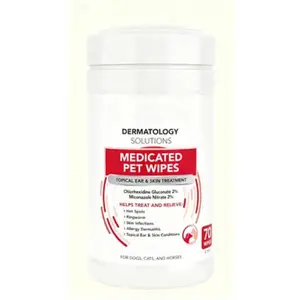 Medicated Pet Wipes with 2% Chlorhexidine & 2% Miconazole, 5x6 Inch XL Grooming Wipes for Dogs and Cats, 70 Count Antibacterial & Antifungal Cleansing Cloths, Vet-Recommended Skin Care Solution