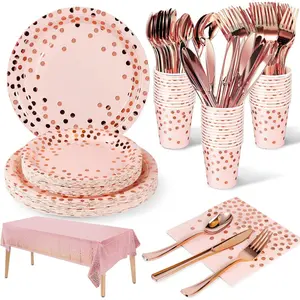 141 Pieces Pink and Rose Gold Party Supplies, Party Dinnerware Sets Include Paper Plates Napkins Cups Silverware, for Wedding Bridal Shower Engagement Birthday Parties Decoration -20 Serves