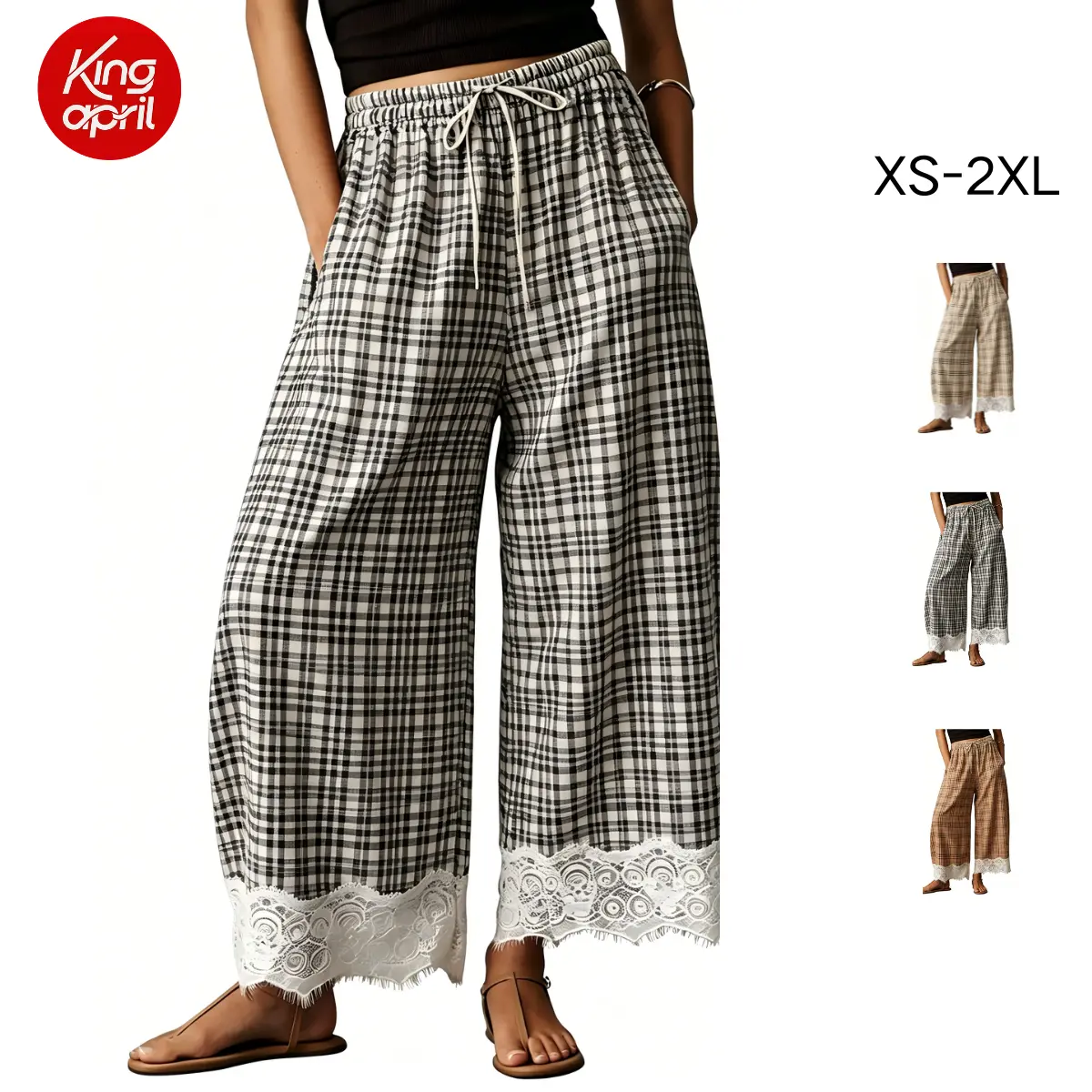 Kingapril Women's Checkered Gingham Wide-Leg Barrel Pants - Lace Hem, Elastic Drawstring Waist, Pockets, Smooth Breathable Comfortable Loose Fit Rayon Blend Fabric - Light Beach Vibe Casual Crop Bottoms for Pairing with Shirts, Tees, Camisole