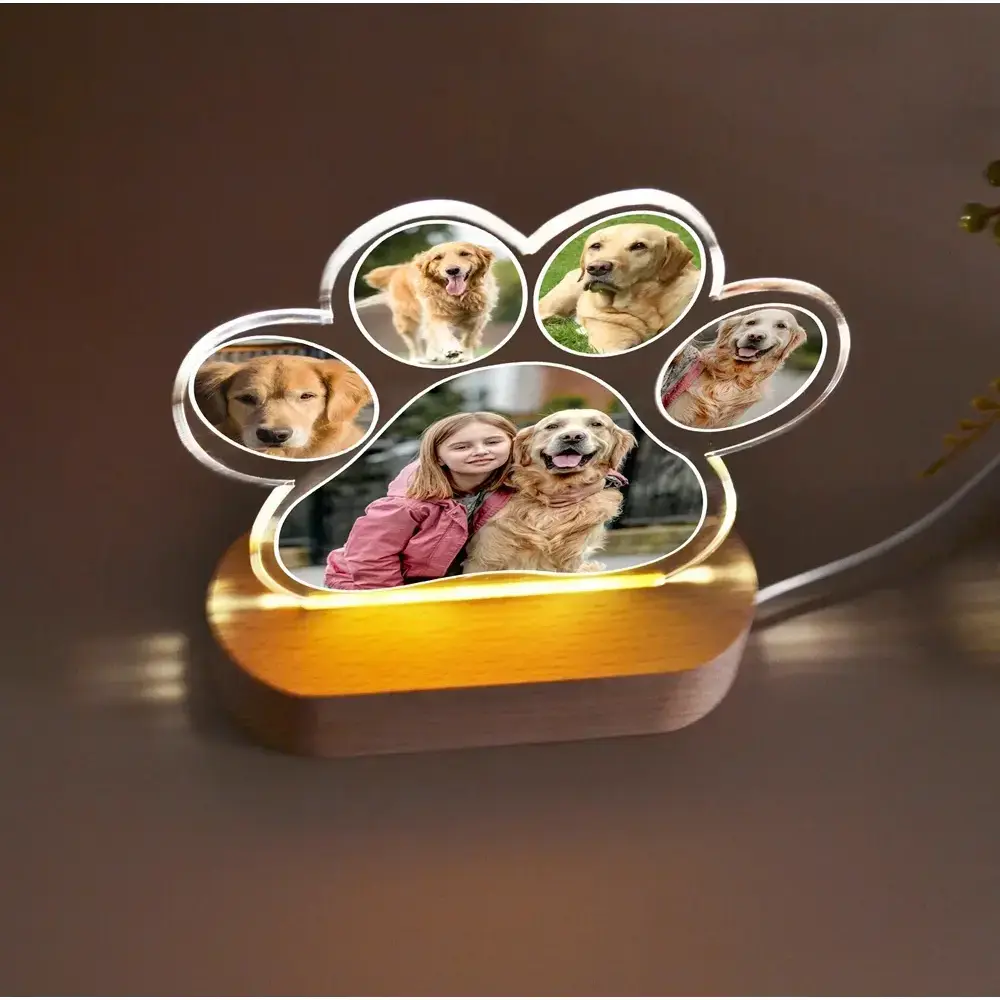 Custom Paw Print Design LED Picture Frame - High-Quality Pet Memorial Gift with Multi-Photo Display, LED Lighting, Personalized Touch for Heartwarming Tribute (Dog & Cat Accessories), Memorial Gifts, Multi-Photo Show