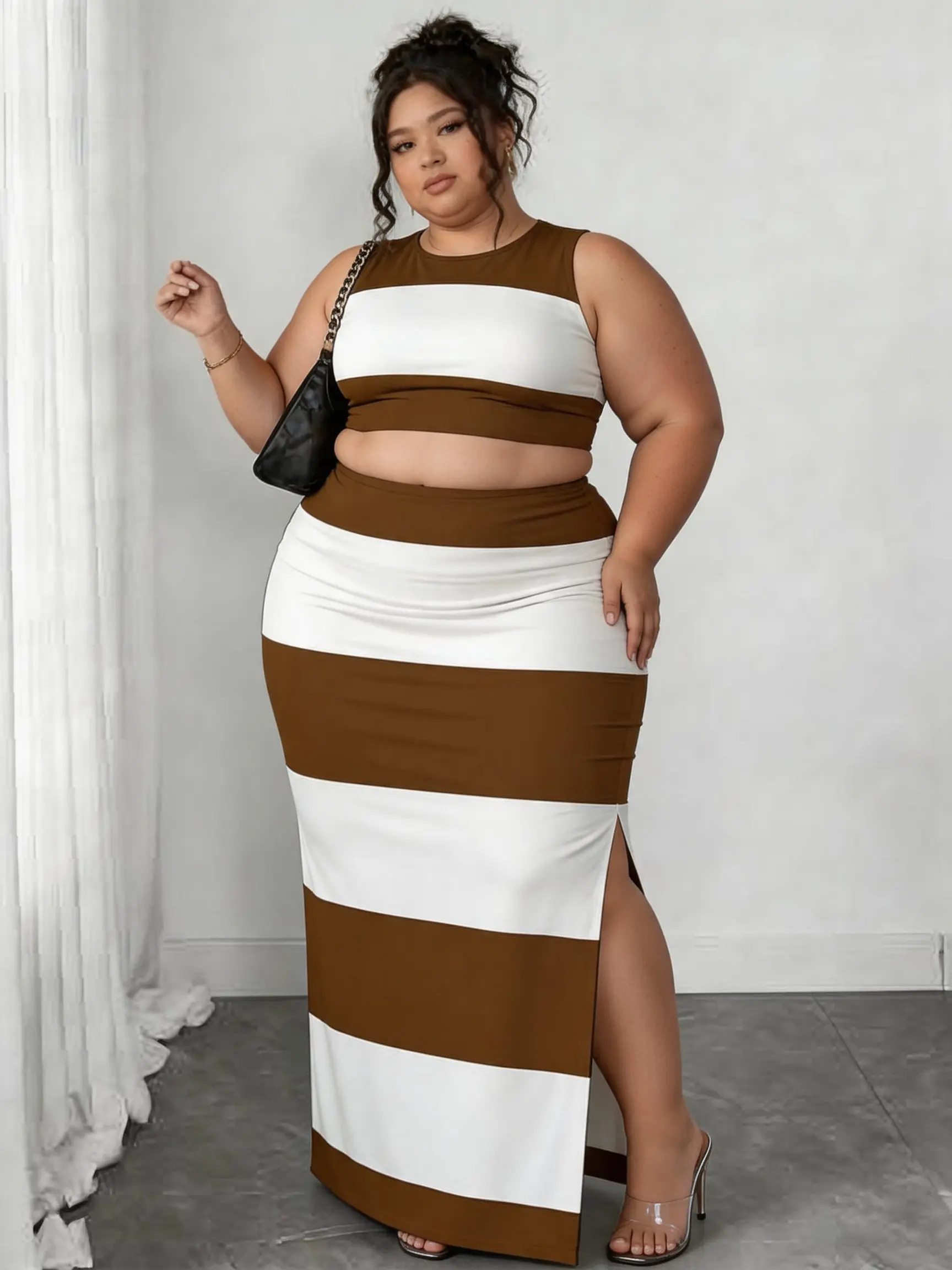 Plus Size Women's 2 Piece Outfit Color Block Striped Halter Top and  Bodycon Maxi Skirt Set（Outfits for Dates）-Random Prints