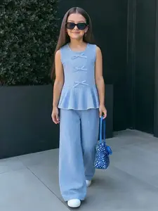 Girls Blue Striped Sleeveless Set, Summer Medium Large Girls Bow Ruffle Top + Wide Leg Pants Two Piece Set, Summer Outfits Set
