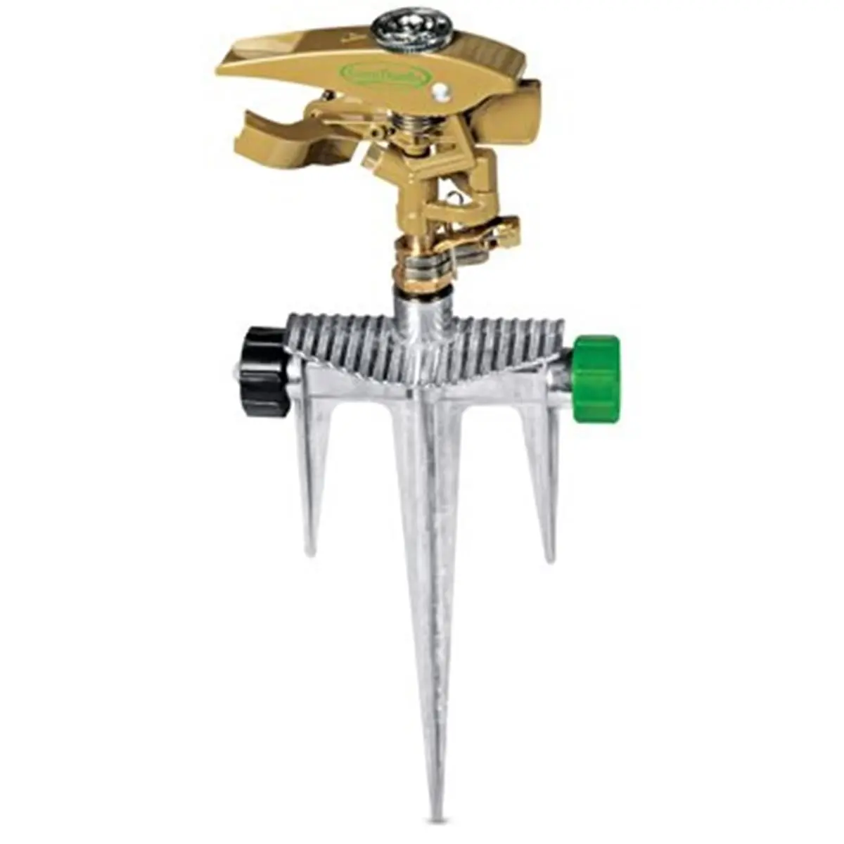 Fiskars Green Thumb Outdoor Metal Pulsating Spike Garden Sprinkler - Heavy Duty Die-Cast Zinc Body, Brass Diffuser Screw, Tri-Spike Base, Adjustable Flow, Long-Lasting Construction for Full or Partial Coverage