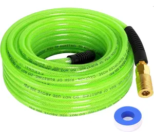 Air Compressor Hose 1/4 Inch x 50  Reinforced Polyurethane (PU) Air Hose with Fittings, Bend Restrictors, 1/4" Industrial Quick Coupler and Plug Kit, Green