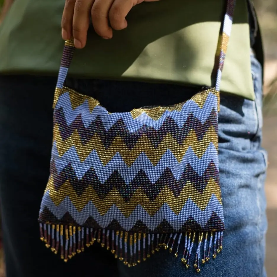 Grape Vine - Chic Beaded Purse in Purple & Gold - Handmade by Huichol Artisans - Mother Sierra