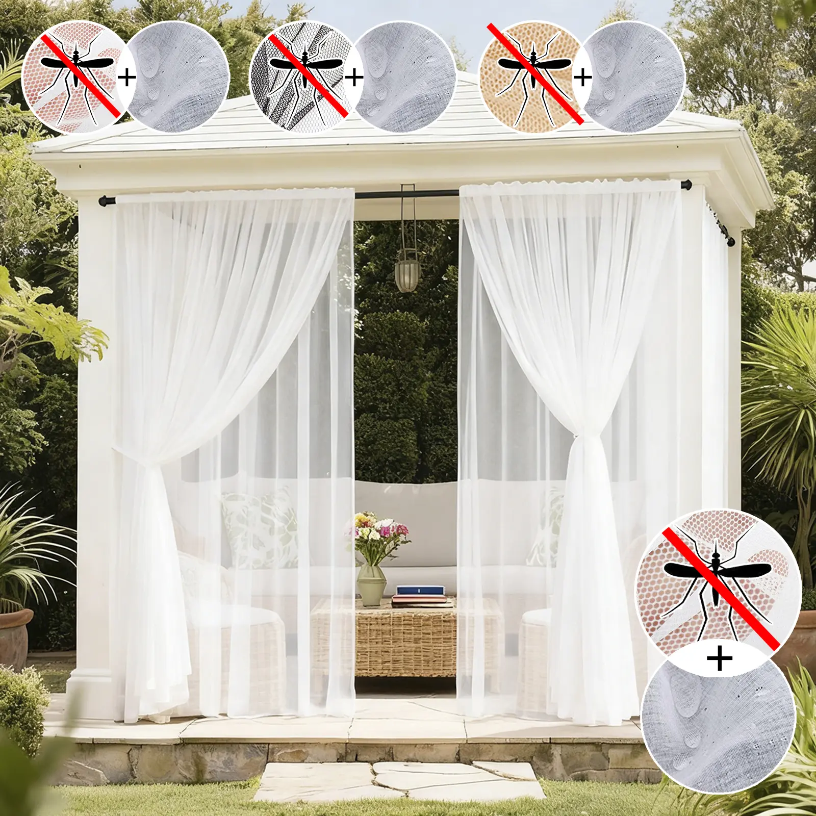 BTTO Dual-Layer Privacy Focus Outdoor Curtain, 52x84 in Polyester Blend, Water-Repellent Mosquito-Proof Rod-Pocket Gazebo Drapes with Tiebacks for Porch/Garden, Contemporary Home Decor
