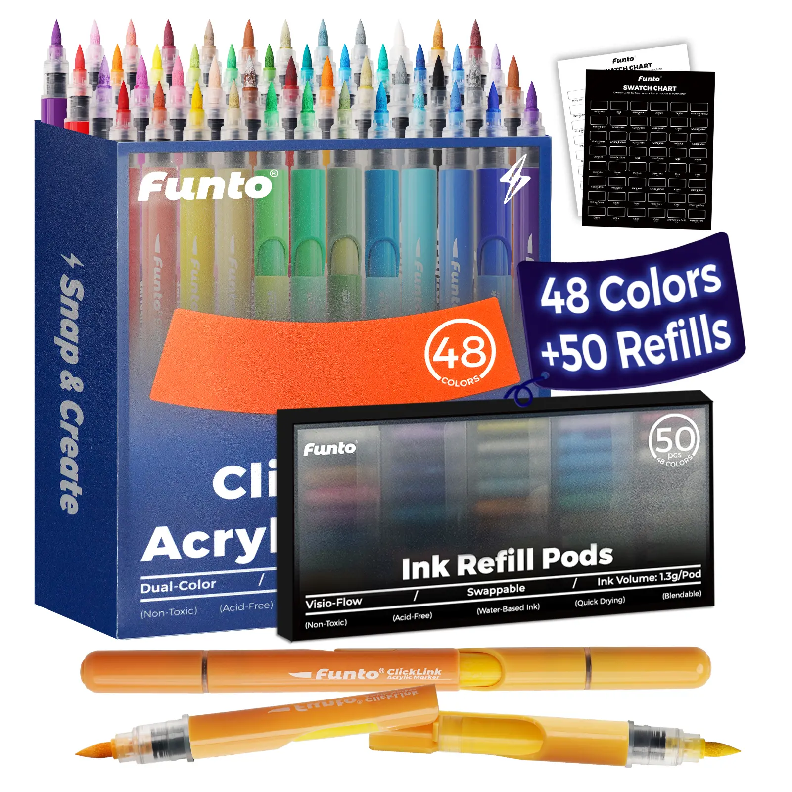 Funto ClickLink Acrylic Markers, 30/48/80 Colors, Dual-Color with Brush Tip & Visible Refillable Cartridges, Direct liquid Paint Marker, Art Supplies for Rock Painting, Wood, Ceramic, Stone, Glass, Card Making, DIY Crafts, Christmas Gift For Kids
