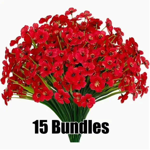 15 Bundles Artificial Flowers UV Resistant Outdoor Plants No Fade Faux Plastic Shrubs Fake Flowers Window Box Garden Porch Home Decoration(Red)