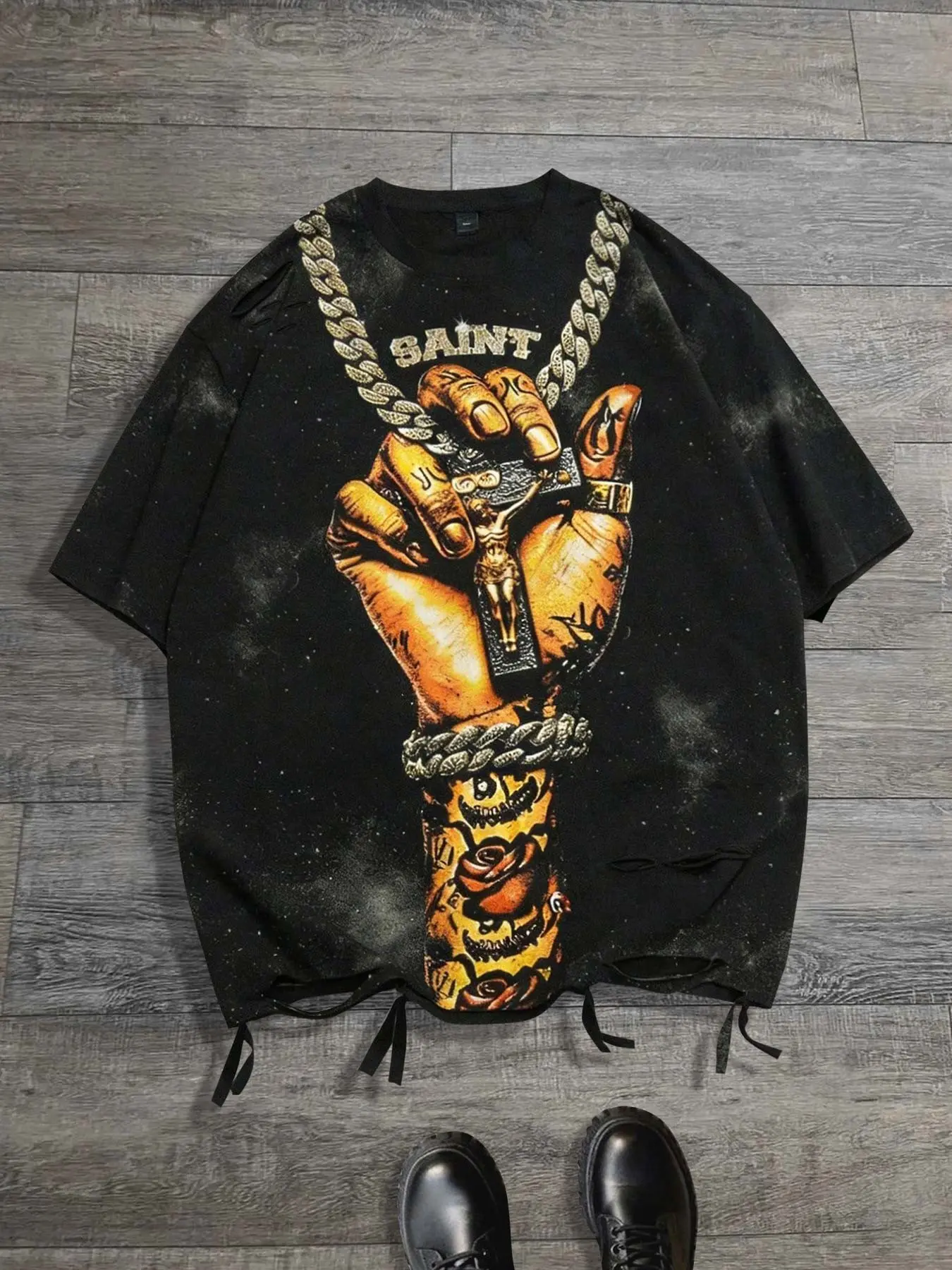 Jesus Cross short sleeved T-shirt men's loose fit, cotton short sleeved ripped T-shirt chain printed shirt short sleeved, Christian short sleeved unisex, European and American street fashion brand men's short sleeved retro summer clothes
