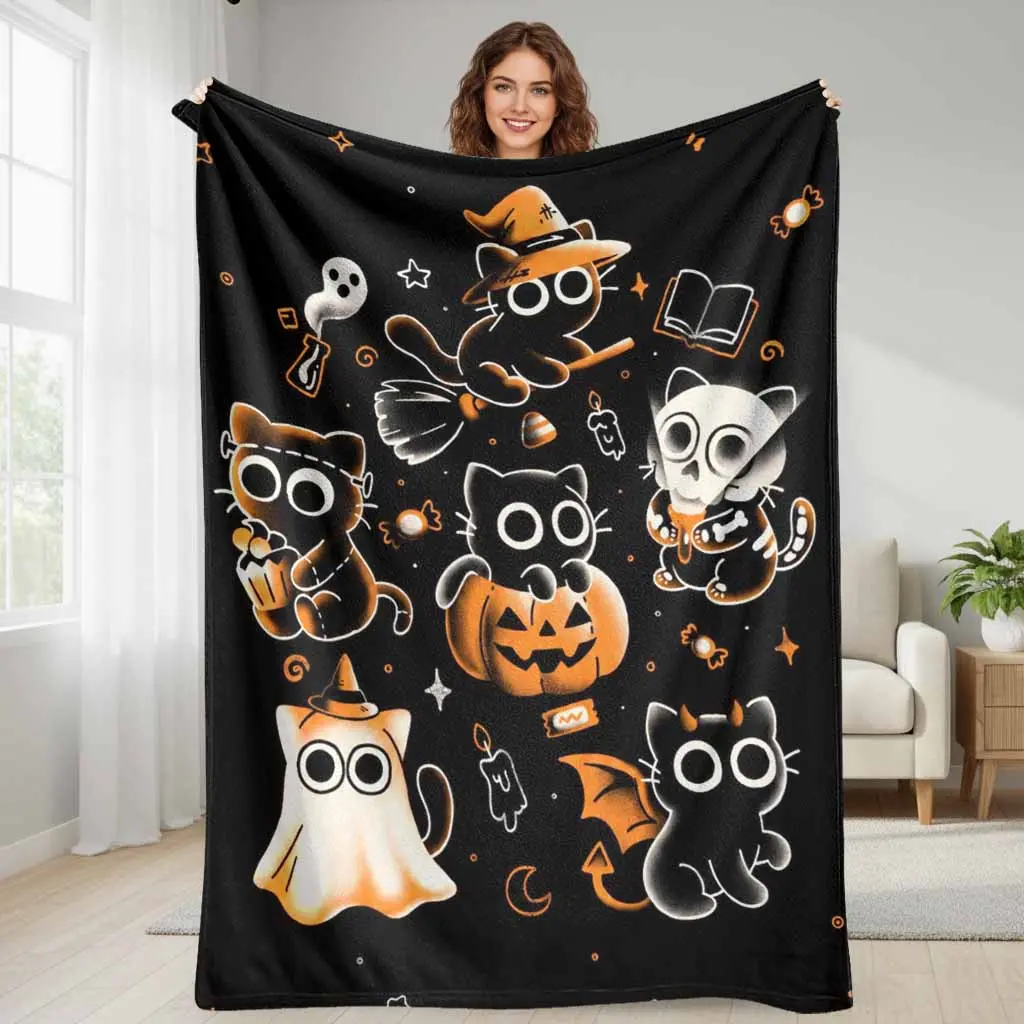 Cute Black Cat Flannel Blanket Halloween Pumpkin Witch Print Super Soft Warm Lightweight Cozy Throw Decorative Bedding Perfect For Living Room Couch Bedroom Sofa Fall Holiday Party Gifts Seasonal Home Decor Essential,back to school,back to school shopping
