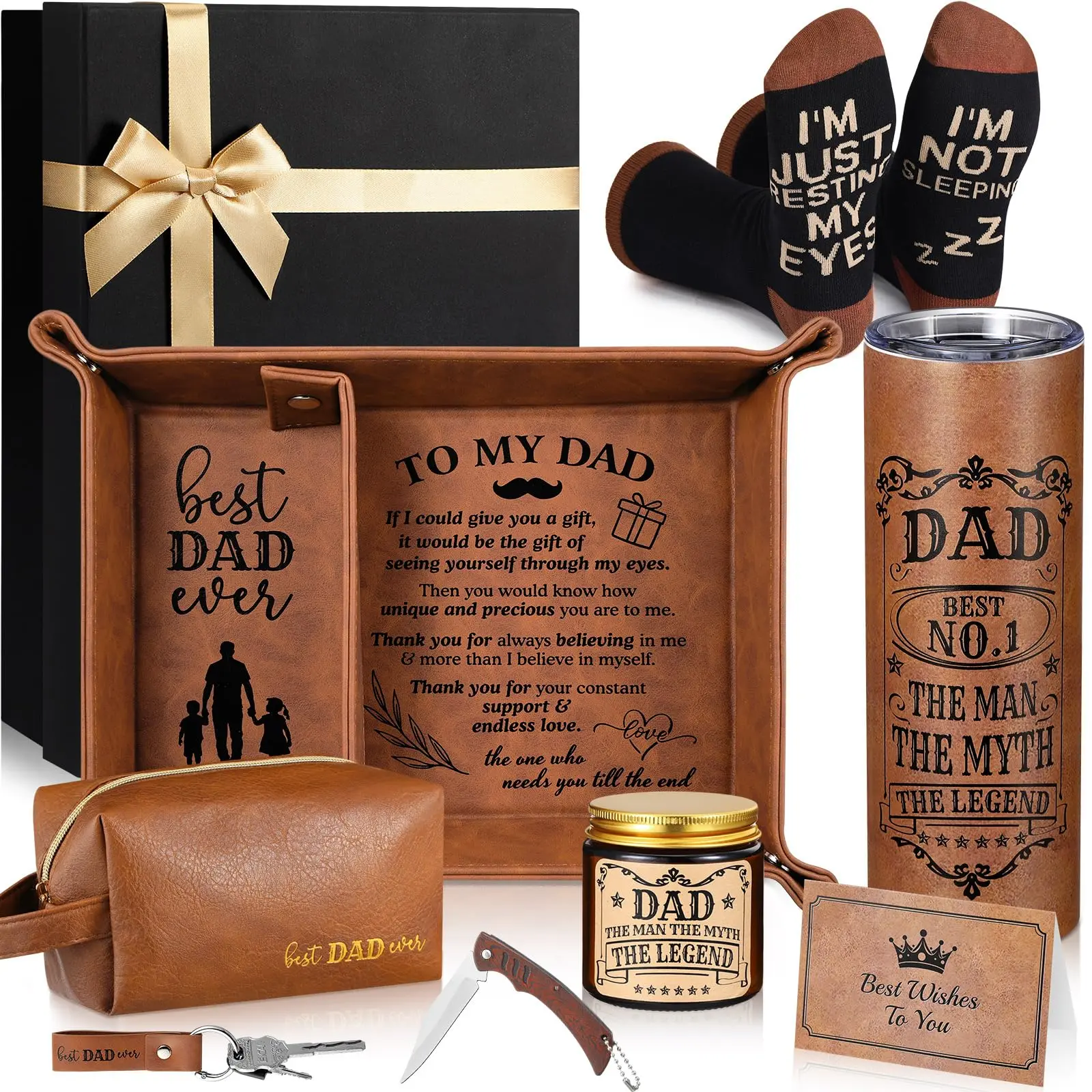 10 Pcs Father's Day Gifts for Men Dad Deluxe Gift Box Christian Gift Basket with Leather Tray Tumbler Toiletry Travel Bag Sock Scented Candle Wood Knife, Fathers Day Gift Ideas From Son Daughter Wife for Birthday Anniversary Personalized Gift Package
