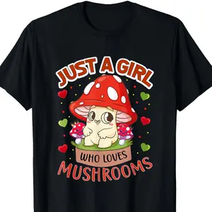 Adorable Cartoon Mushroom Enthusiast T-Shirt, 100% Cotton, Regular Fit, Short Sleeve, Knitted Fabric, Machine Washable, Suitable for Mushroom Enthusiasts, No Pocket Design
