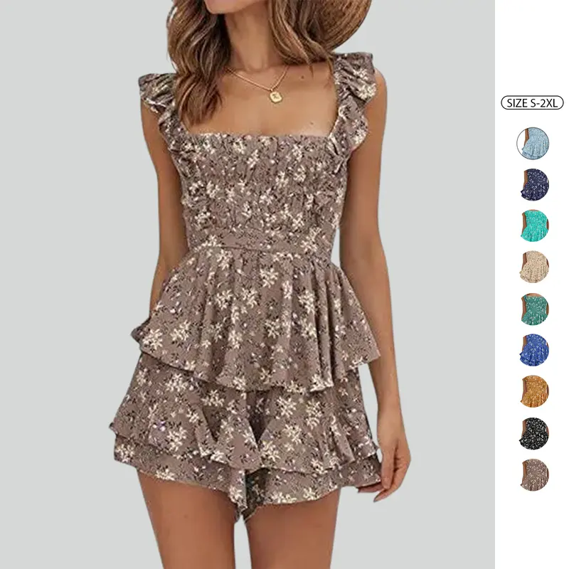 Imily Bela Womens Sexy Summer Romper Floral Square Neck Ruffle Strap Layer Hem Shorts Jumpsuits Summervibes
