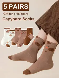 5 Pairs Kids Socks, Cute Cartoon Hamster Mid-Calf Socks for Boys Girls, Comfortable Breathable Sports Socks, All Seasons Travel Essentials