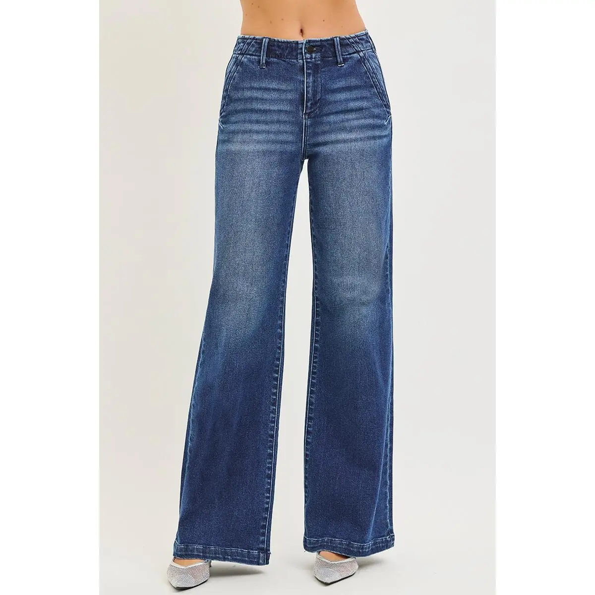 RISEN High Rise Wide Leg Slanted Pocket Jeans