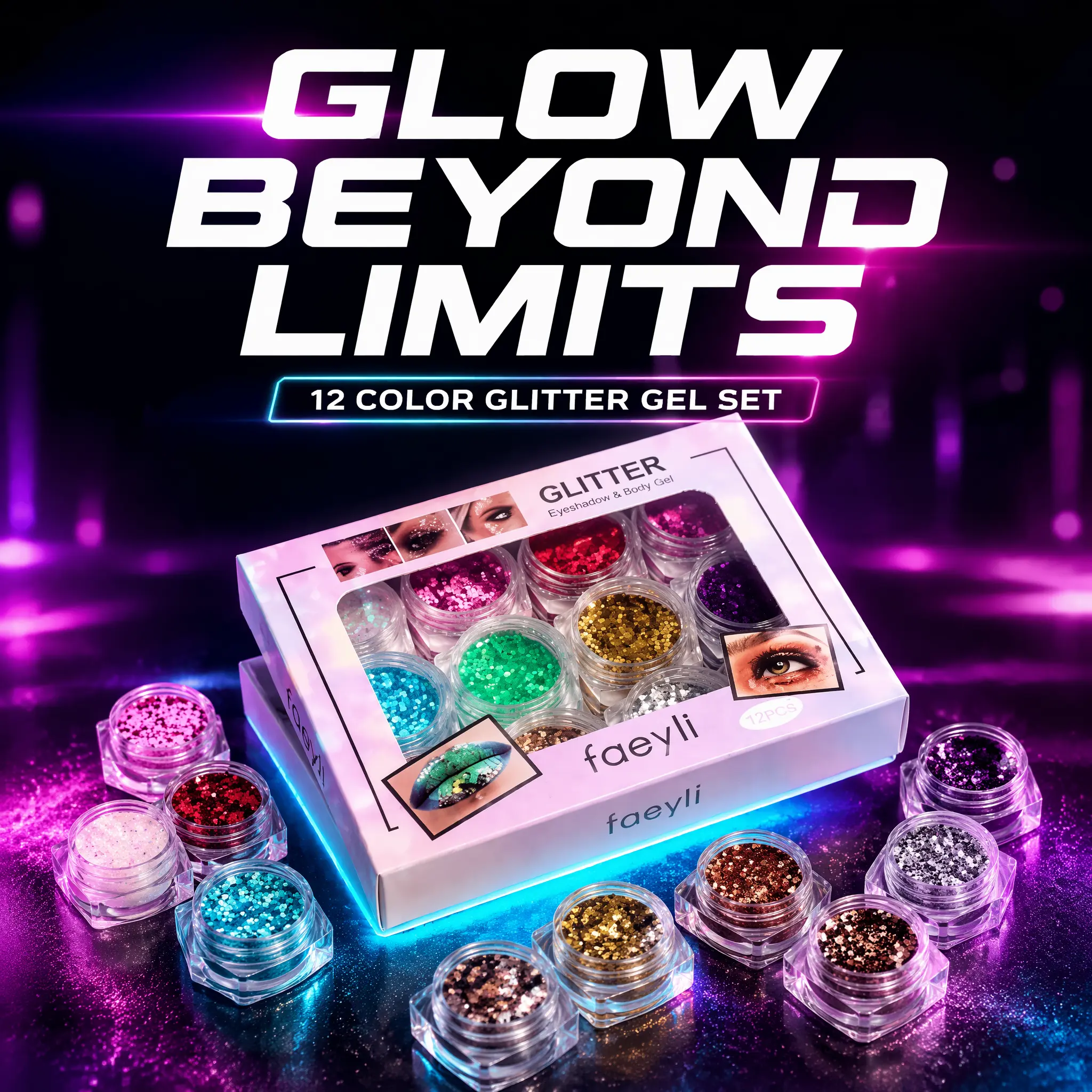 Face Body Glitter Gel Kit - Hypoallergenic Makeup Multi-Use Gel with Long-Lasting Sparkly Finish, Faeyli Sequins for Eyes, Lips, Hair, Nails, Festival Rave Stage Cosmetic Eyeshadow Powder
