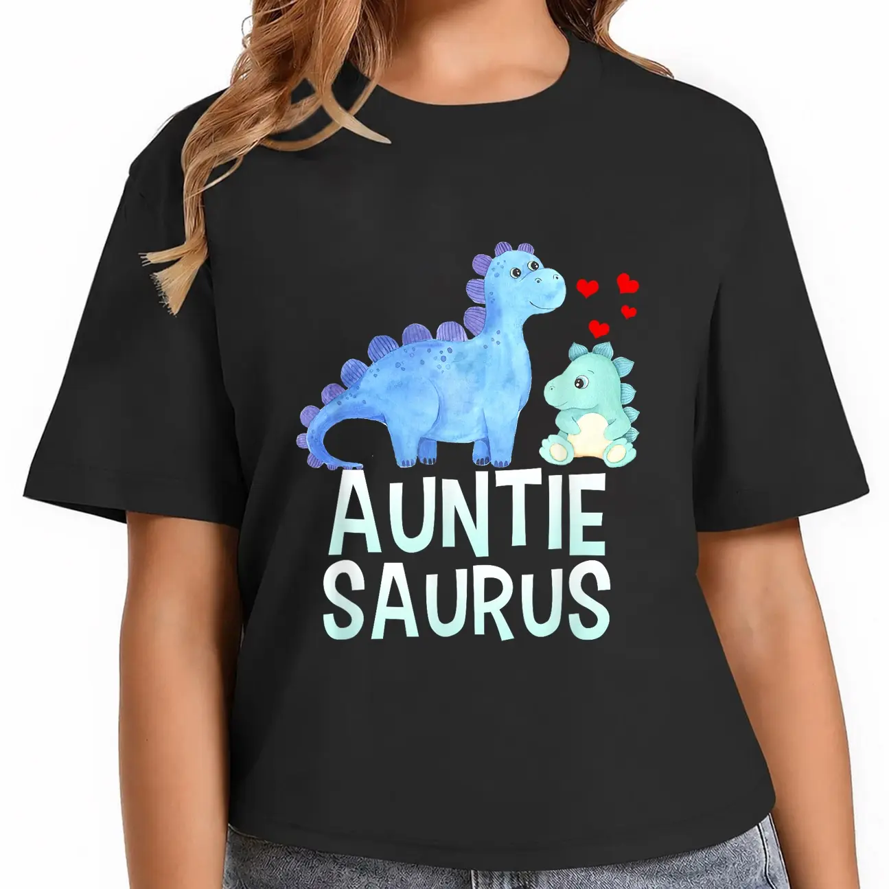 Women's 100% Cotton Round Neck Short-Sleeve Casual Fit Graphic Print Tshirt - Funny Auntiesaurus Dinosaur Baby Shower Auntie Top, Women's Clothes