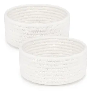 2 Pack Small Baskets, Cotton Rope Woven Basket, Cute Mini Tiny Storage Baskets, Decorative Boho Basket for Nursery Living Room Bedroom Shelf, Empty Gift Basket - White