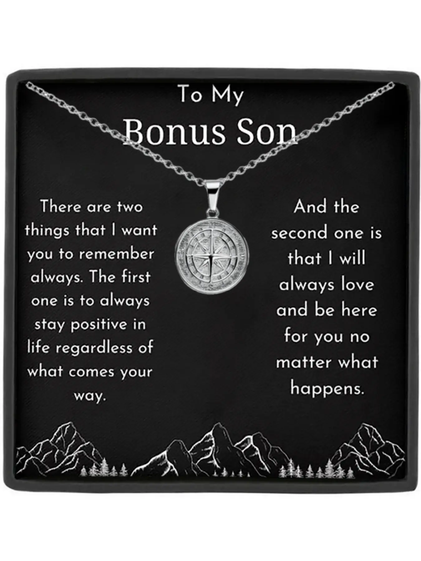 To My Bonus Son Compass Stainless Steel Name Engraved Pendant Necklace, Graduation Gift for Son, Birthday & Christmas Present, Meaningful Card Included, Engraved Necklace, Sentimental Necklaces