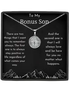 To My Bonus Son Compass Stainless Steel Name Engraved Pendant Necklace, Graduation Gift for Son, Birthday & Christmas Present, Meaningful Card Included, Engraved Necklace