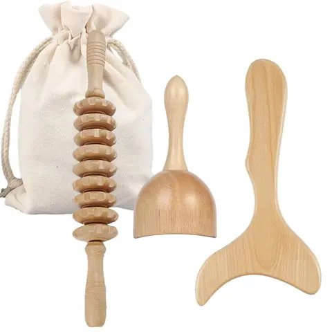 3 counts Wooden Massage Roller Tool Set, Lymphatic Drainage Massager Maderoterapia Kit, Manual Massage Tool for Body Massage Gua Sha Set, Muscle Roller Stick, Body Shaping Tool, Body Care Tool