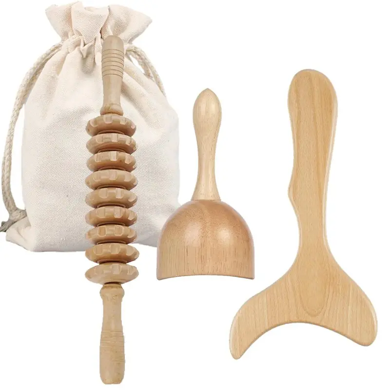 3 counts Wooden Massage Roller Tool Set, Lymphatic Drainage Massager Maderoterapia Kit, Manual Massage Tool for Body Massage Gua Sha Set, Muscle Roller Stick, Body Shaping Tool, Body Care Tool