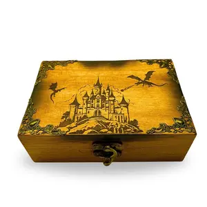 Dragon Keepsake Wood Box Handcrafted Medieval Castle Design with Laser Engraved Dragons & Burned Accents Secure Metal Clasp Jewelry Trinket Organiser