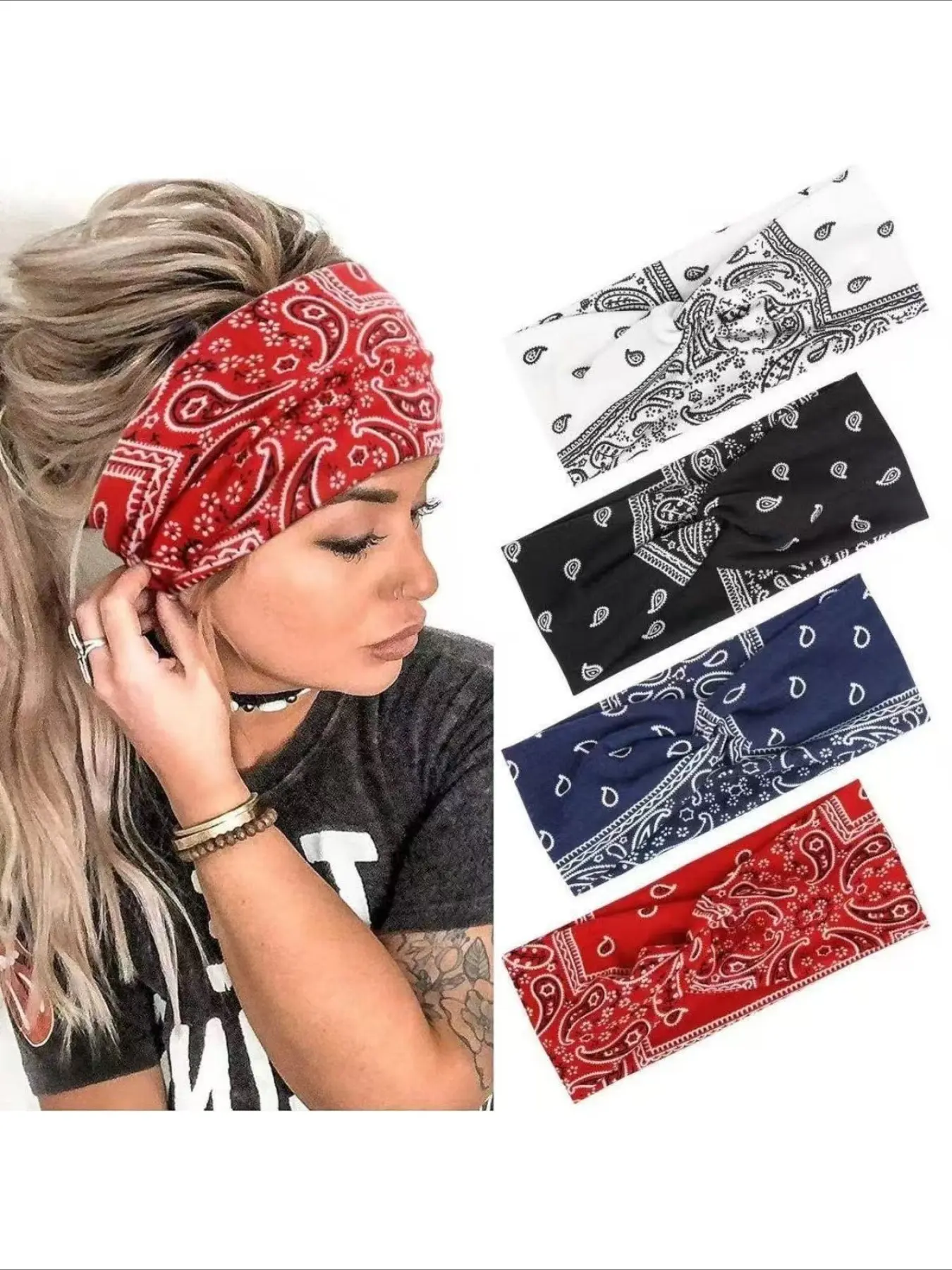 Bohemian Yoga Sweat Absorbing Elastic Cotton Headband, Women's Wide Knot Cross Sport Hair Accessory, All Seasons Fashion, Sports Headband