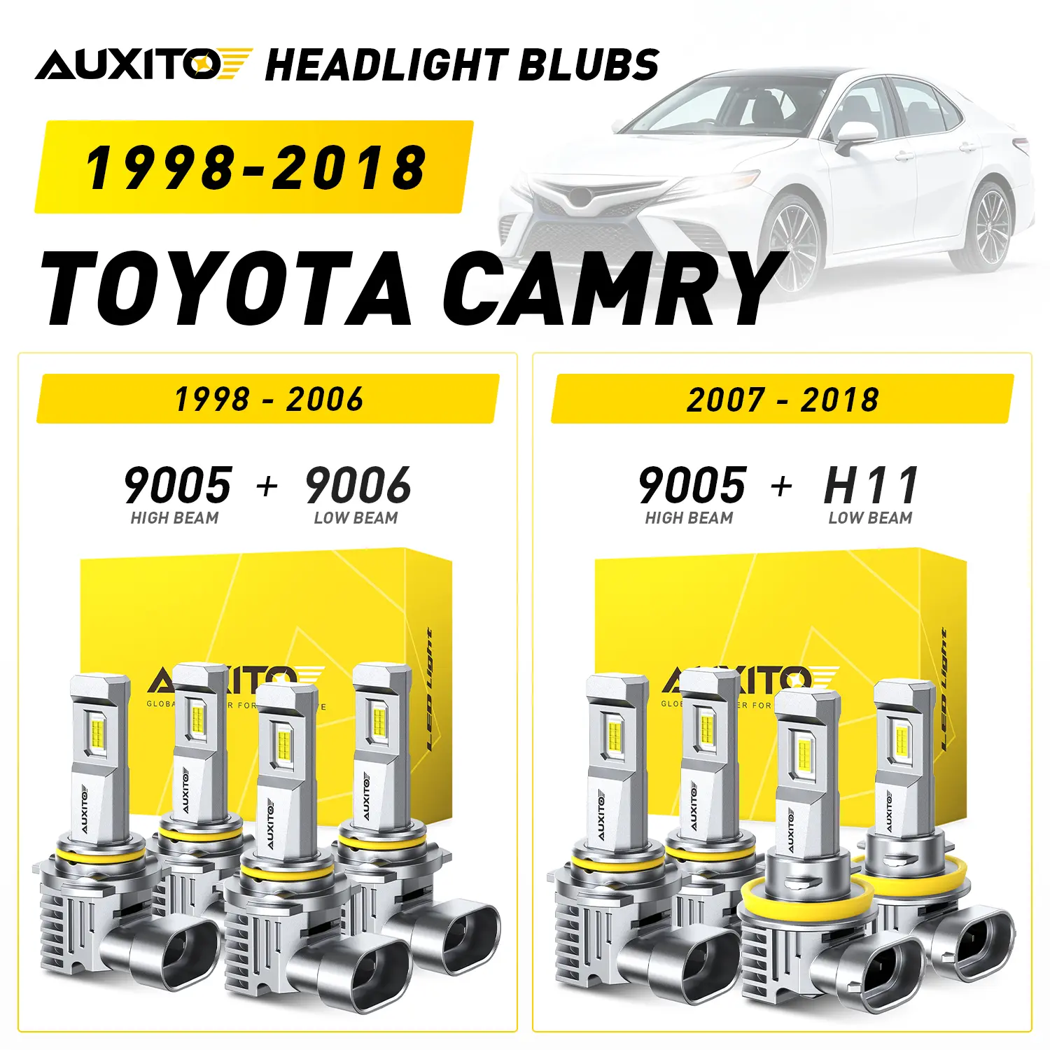 1998-2018 Toyota Camry AUXITO LED Headlight Bulbs, 9005 High Beam & 9006 Low Beam (1998-2006), 9005 High Beam & H11 Low Beam (2007-2018), 30000LM 6500K Cool White, Anti-glare,CANBUS Ready,No error,No Flickering, Plug and Play