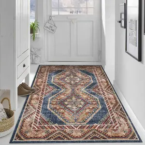 【Velvet + 850g/m² + Anti-slip dotted base】1pc deep blue-brown retro tribal style double diamond geometric pattern rug, comfortable and beautiful, versatile decorative style, high-definition pattern printing and double-locked edges.