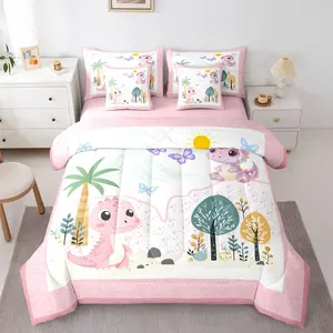 Cute Dinosaur Comforter Set 7 Pieces Cartoon Dinosaur Bedding Set Kids Boys Girls Wild Animal Bed in a Bag with Comforter,Sheets,Pillowcases,Cushion Covers