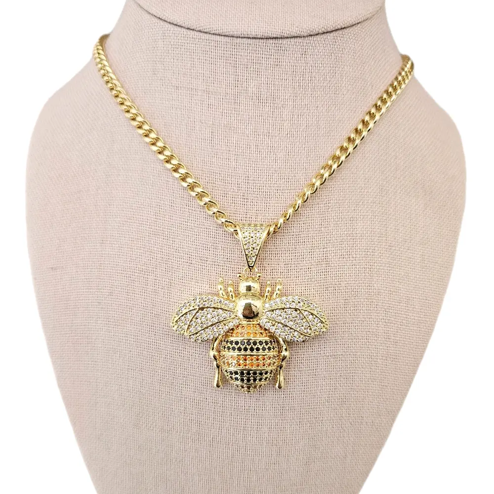 Gold Bee Pendant Necklace with Cubic Zirconia Accents on Curb Chain for Men and Women