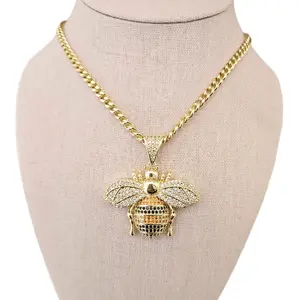 Gold Bee Pendant Necklace with Cubic Zirconia Accents on Curb Chain for Men and Women