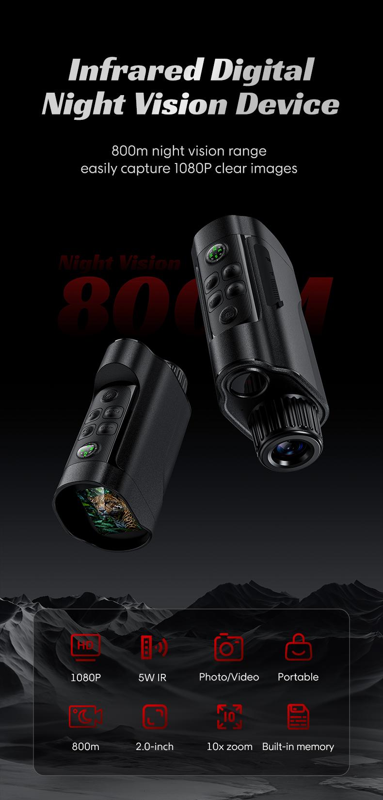 2.5K HD Digital Night Vision Goggles, 10X Zoom 7 Level IR Infrared Night Vision Monocular, 10MP Photo Video Recording, 2000mAh Rechargeable for Outdoor Hunting