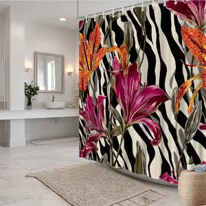 1pc 2D Flat Floral Zebra Print Shower Curtain Elegant Lily Flowers And Striped Background Bathroom Decor Polyester Fabric Bath Curtain For Tub Separation 70.8X70.8 Inch With 12pcs Hook