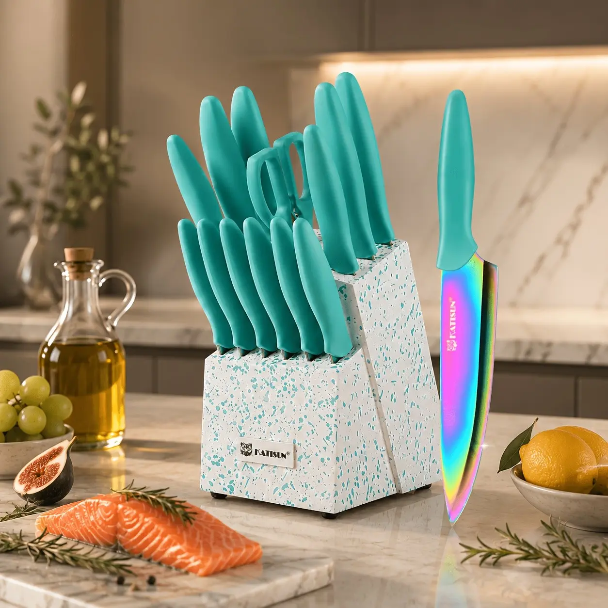 Rainbow-colored Stainless Steel Kitchen Knife Set Featuring An Ultra-sharp Chef's Knife, Complete with A Wooden Knife Block And Ergonomic, Non-slip Handles. Available In Three Colors, This Set Is Ideal for Both Professional Kitchens And Home Use.
