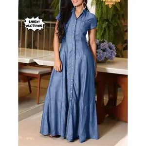 2023 Fashion New Long Dress Shirt Neck Pocket Large Swing Dress Casual Elegant Temperament Single Breasted Denim Dress Womenswear Summer