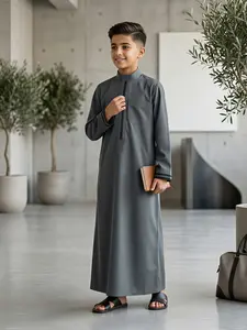 Muslim Grey Traditional Thobe for Boys 8-12, Contrast Trim 3D Decor, Long Sleeve with Pockets, Ideal for Daily & Party Wear