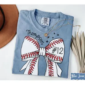 Custom Baseball Number Comfort Colors Shirt, Baseball Bow Tee, Personalized Baseball Player Shirt, Baseball Fan Gift, Sports Mom, Game Day Outfit