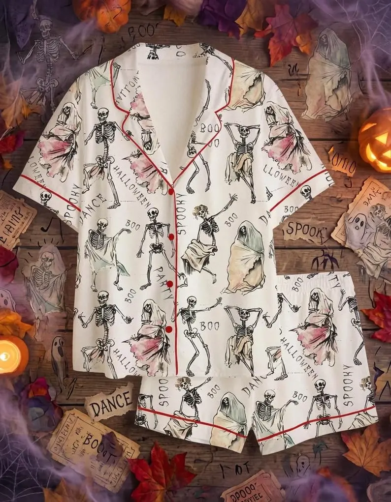 Dancing Skeleton Halloween Satin Pajama Set, Cute Spooky Sleepwear and Family Matching Lounge Outfit