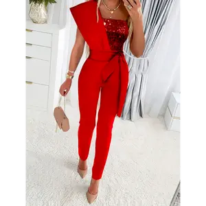 Women's Red Sequin Off-Shoulder Wide-Leg Jumpsuit with Tie Waist - Stylish Cape Sleeve Design for Casual Outings, Casual Evening Wear | Glamorous Casualwear | Polyester Blend