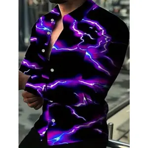 Men's casual fashion lightning print lapel long sleeve shirt, with an artistic purple and blue lightning pattern + unique design, suitable for parties, trendy outings, and creative occasions.