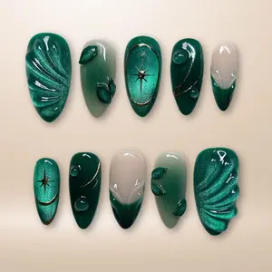 Emerald Green Press On Nails: Gold Star Leaf Design, Handmade Nail Art